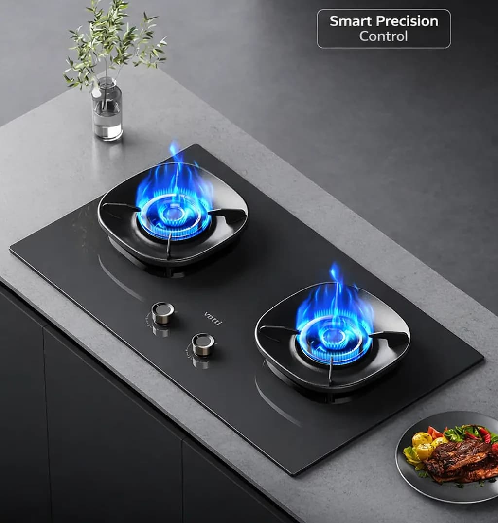 The C836G lit on both burners beside a plated dish