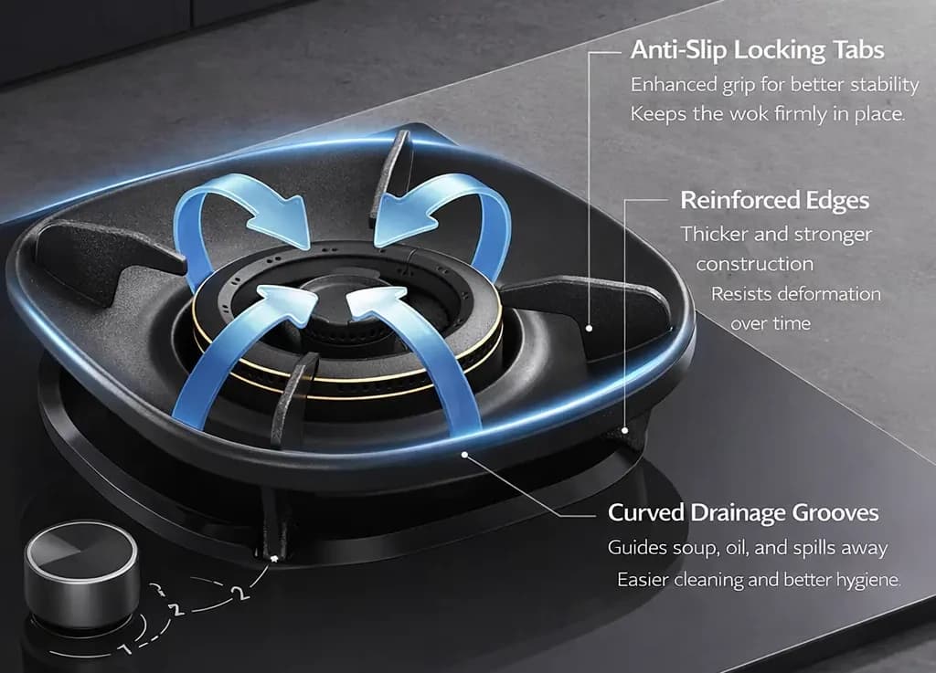 The C836G wok support with its features labelled