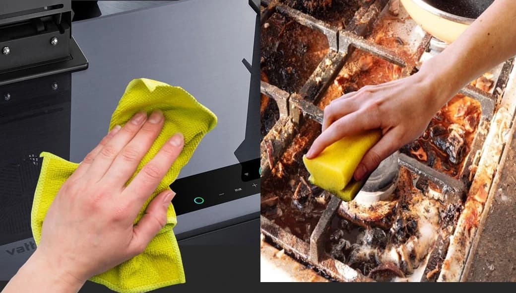 A cloth wiping the C861G flat, beside a burner ring caked with grease