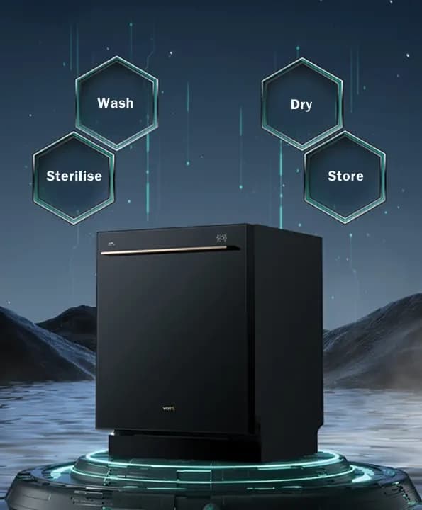 The DWBB7 with its four jobs marked around it: wash, dry, sterilise, store