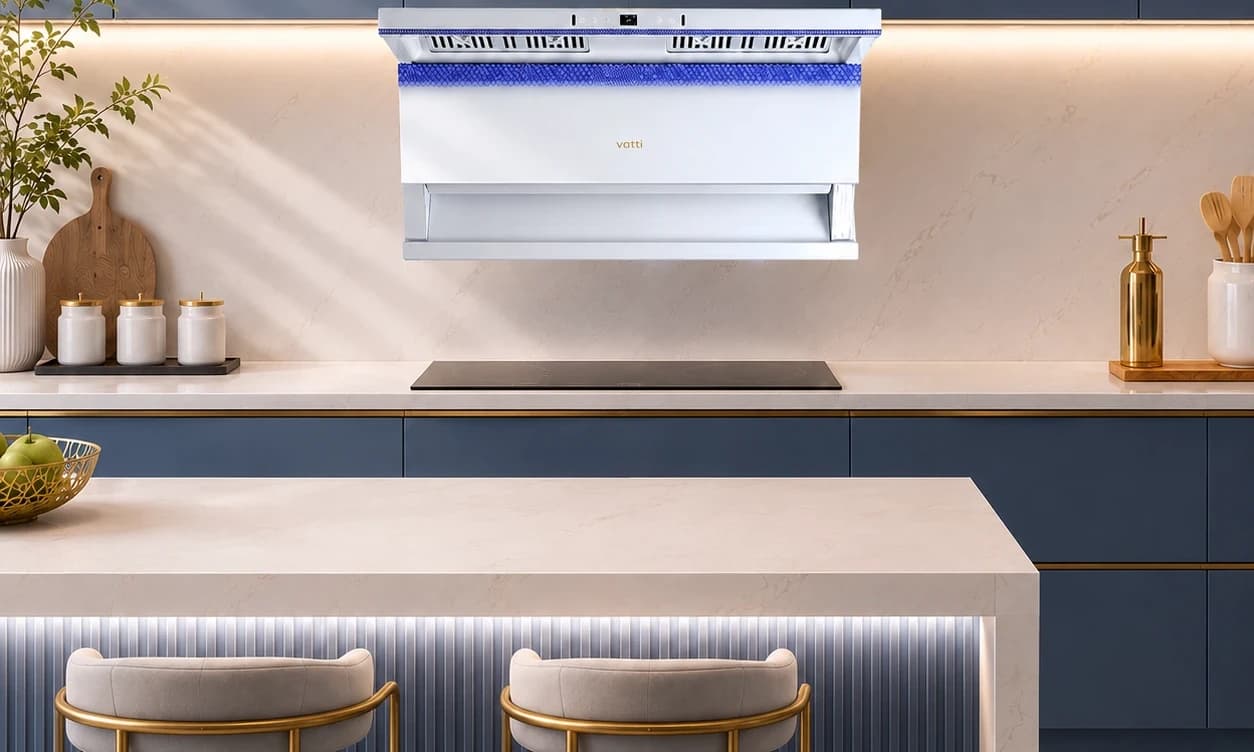 The white V917 in a blue and grey batik kitchen