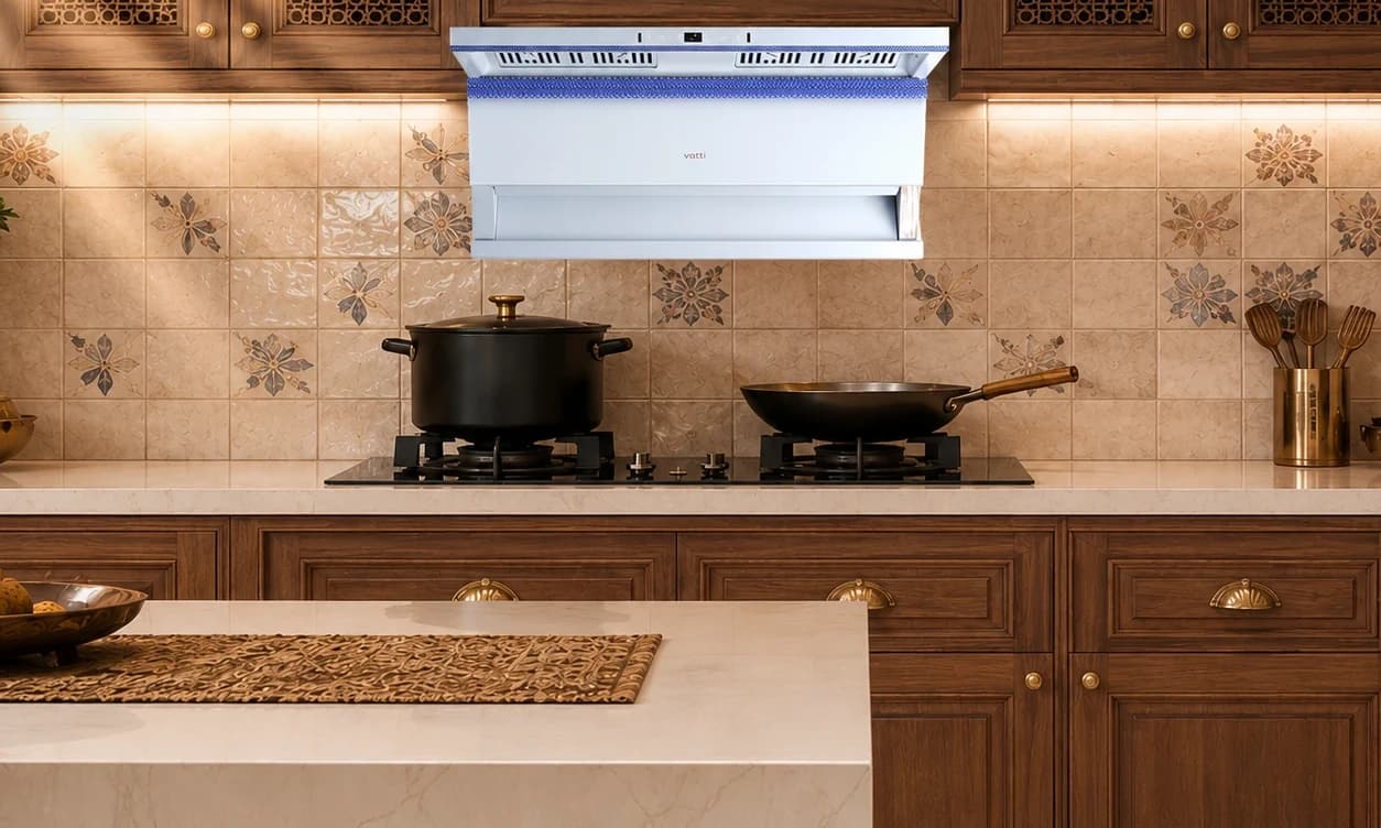 The white V917 in a timber batik kitchen