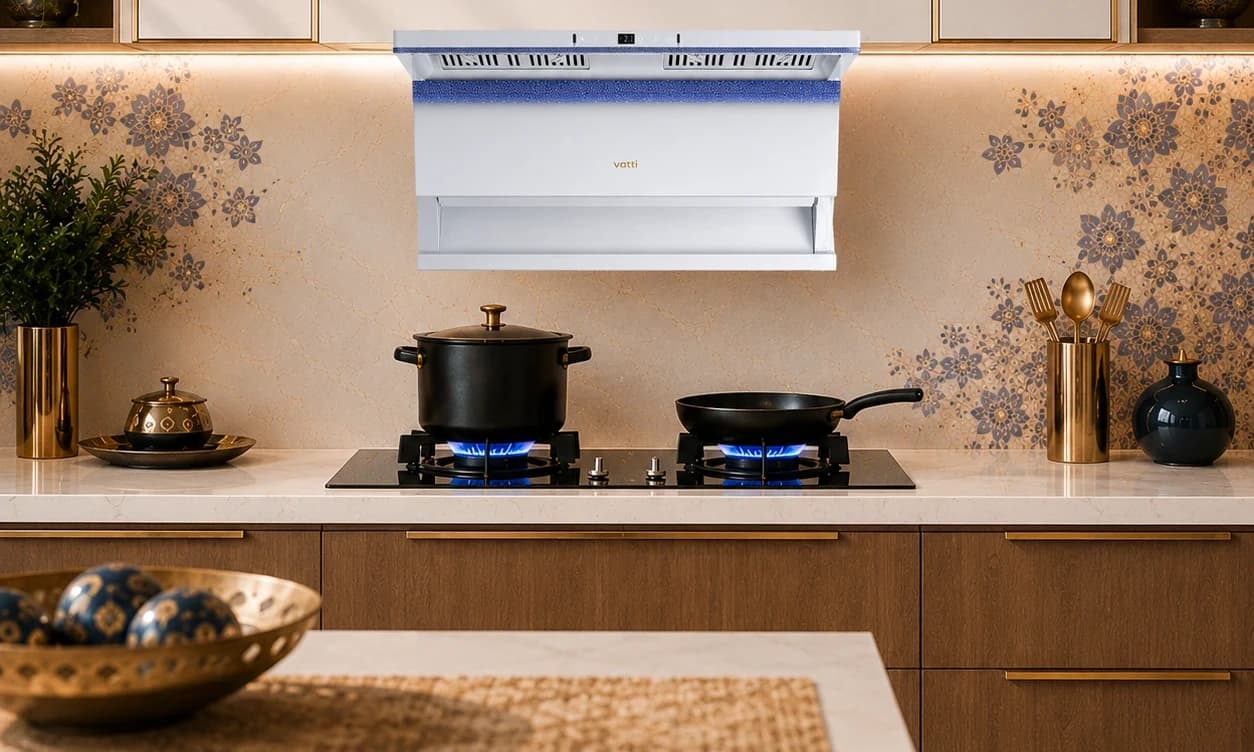 The white V917 in a warm-toned batik kitchen