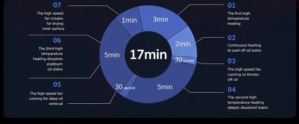The seventeen-minute V917 cleaning cycle drawn as a labelled wheel