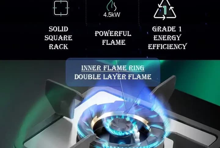 The C821G burner lit, its inner and outer flame rings marked