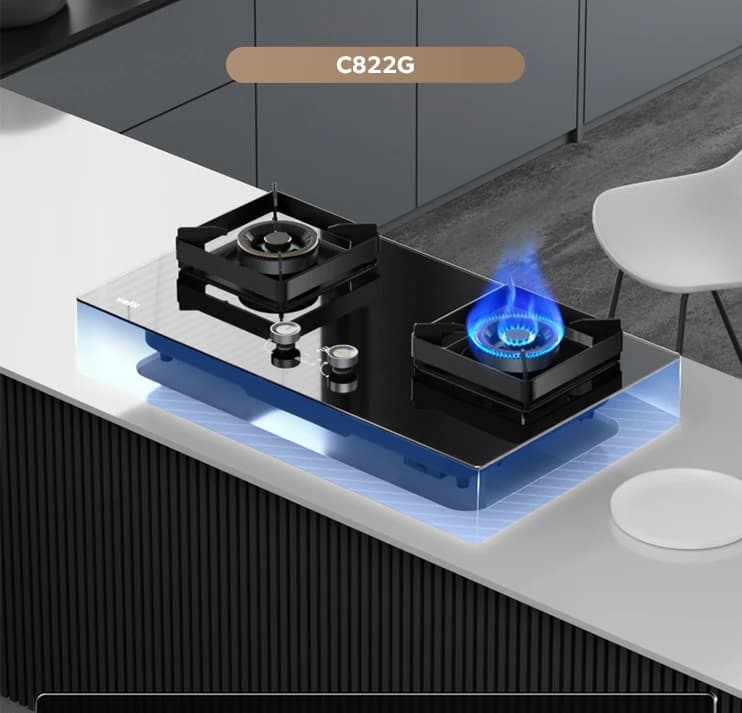 The C822G set into a pale counter with one burner lit