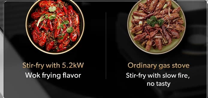 The same dish cooked at 5.2 kW and on a slower hob, side by side