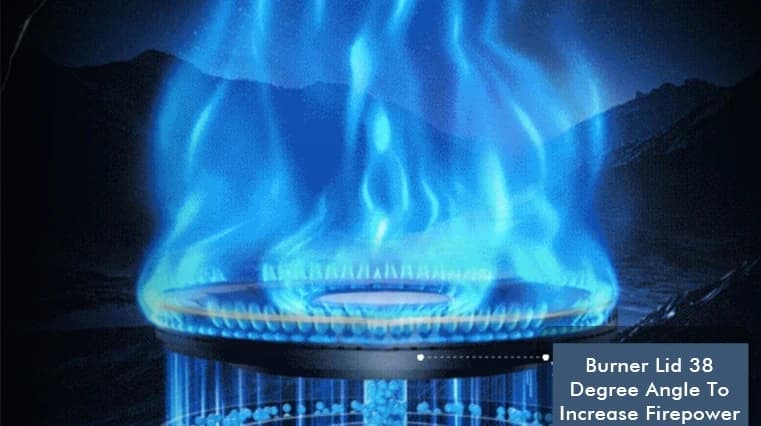 The C823G burner at full flame, its lid angle marked