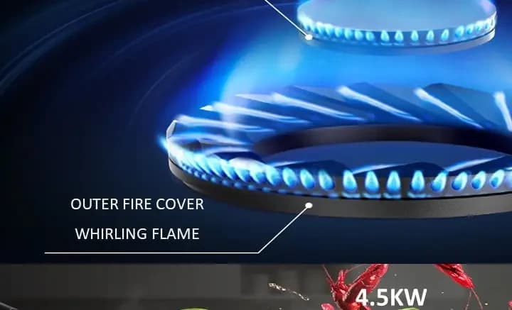 The C835G burner lit, its inner and outer fire covers labelled