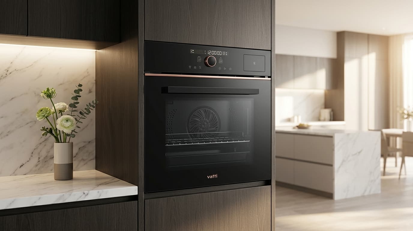 A VATTI built-in combi oven fitted at eye level into a dark walnut cabinet run, its display lit beside a marble backsplash.
