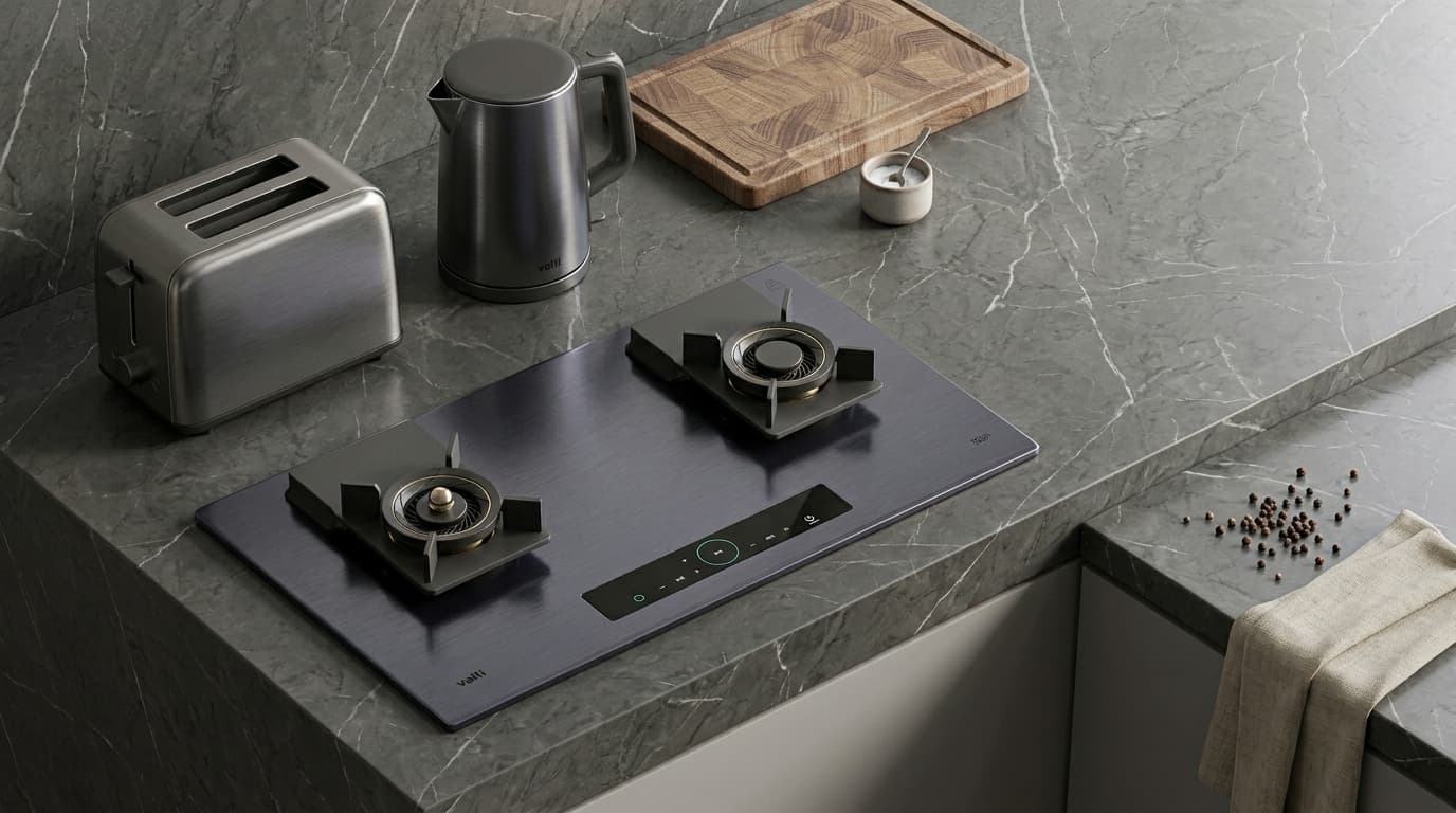 A VATTI C861G cooker hob set into a marble countertop, its brushed grey glass and lit touch strip between a toaster, a kettle and a chopping board.