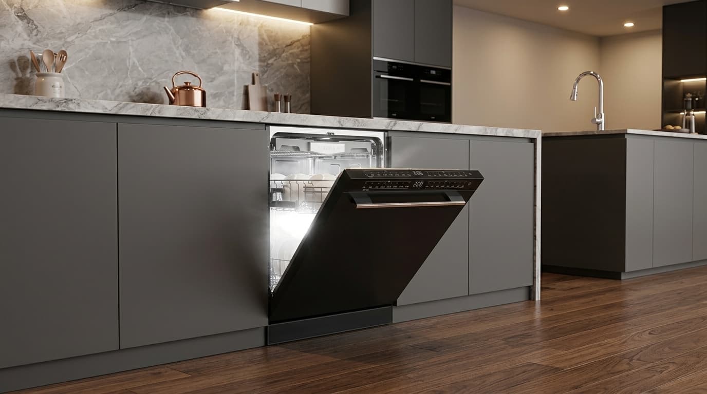 A VATTI DWBB7 dishwasher built into a grey cabinet run, its door down and its baskets lit, in a kitchen with a marble backsplash.