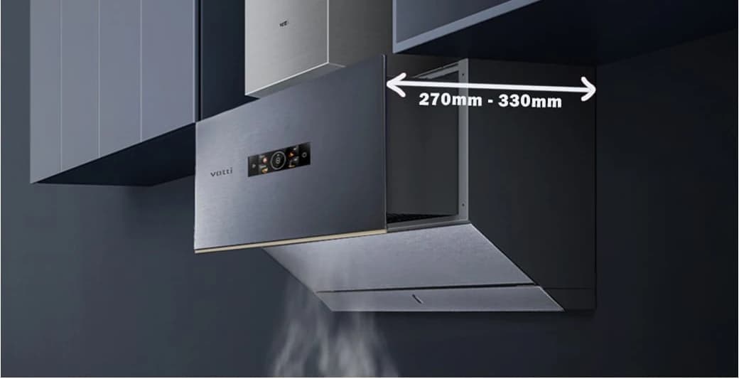 The V919 fitted into a cabinet, its depth marked 270 to 330mm