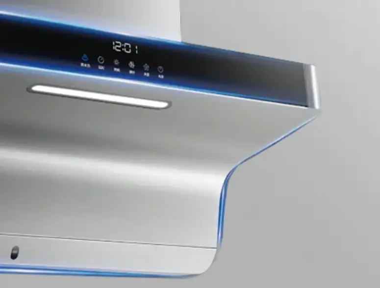 The curved corner of the V993 where the glass panel meets the steel