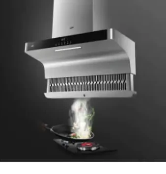 The V993 lowered over a wok, drawing smoke straight off the pan