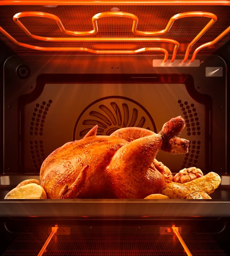 A chicken roasting between the VA05 upper and lower elements