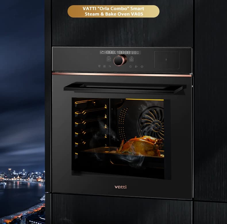 The VA05 built into a dark kitchen column, roasting
