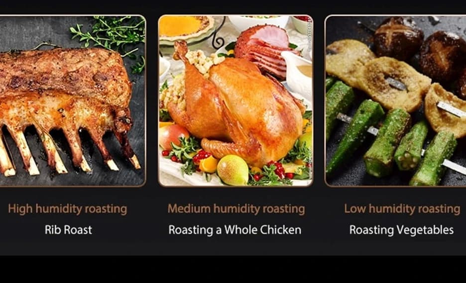 A rib roast, a whole chicken and roast vegetables, each labelled with its humidity