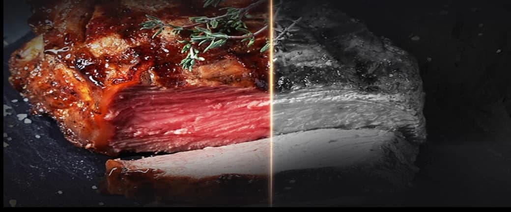 The same cut of meat steam-grilled and roasted dry, side by side