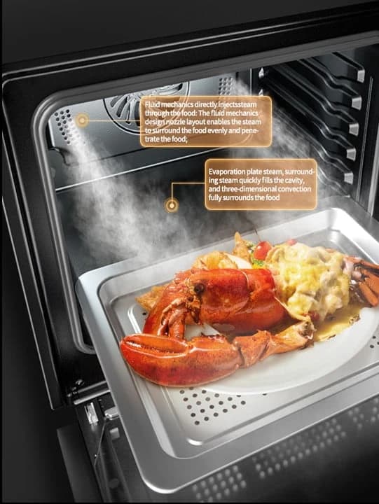 Steam filling the VA06 cavity around a tray of seafood