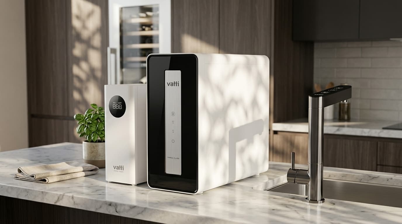A VATTI WDHG01 water purifier and its V818WD heater on a marble counter, with the stainless One Tap fitted at the sink beside them.
