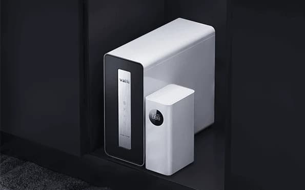 The purifier hidden inside a kitchen cabinet
