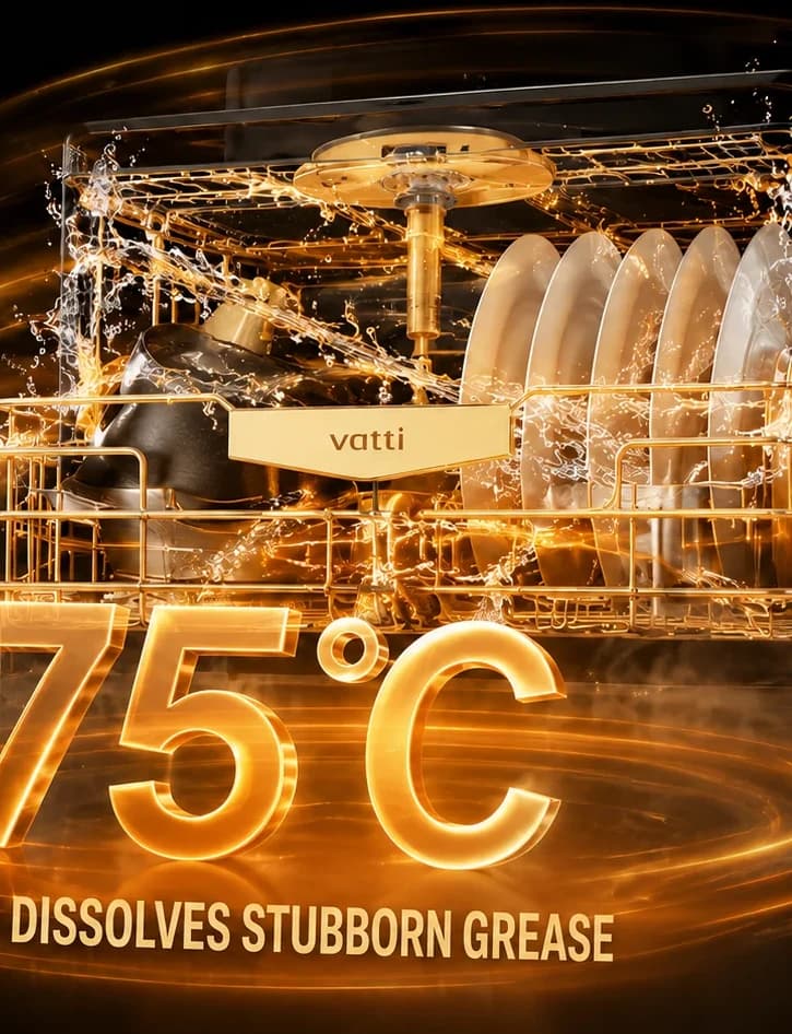 The DWID3 mid-wash, the 75°C figure lit in the spray