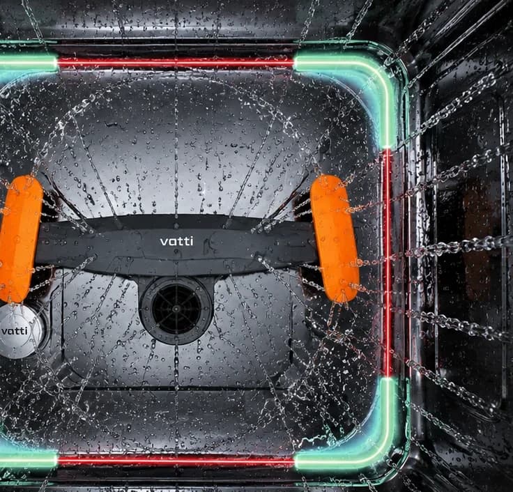 The DWID3 tub from above, the spray arms extended into all four corners
