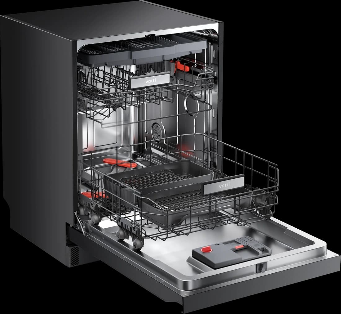 The DWID3 open, the fruit basket sitting on the pulled-out lower rack