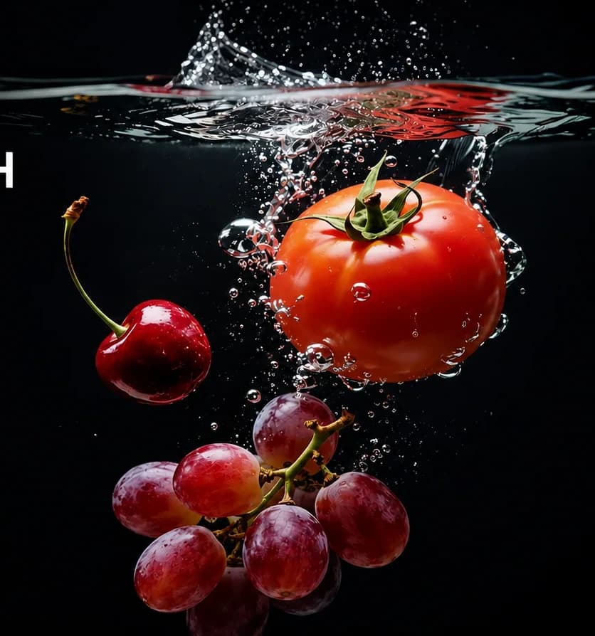 A tomato, cherries and grapes dropping into water