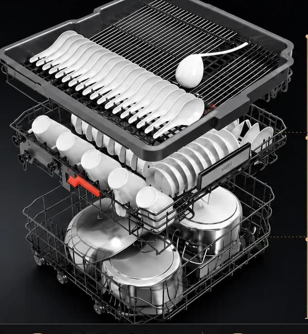 The three racks of the DWID3 drawn apart, cutlery tray on top and pots below