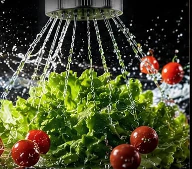 A spray head over lettuce and cherry tomatoes